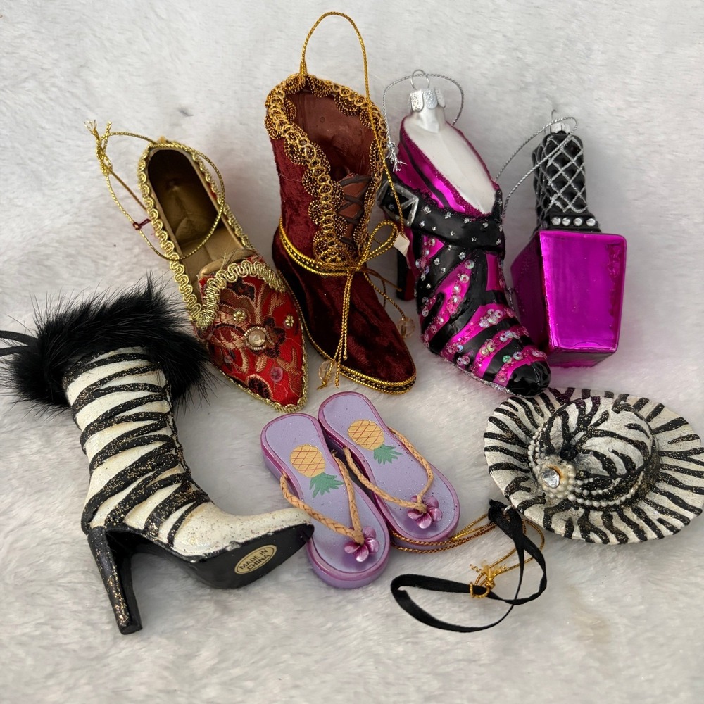 Fashion‎ Shoe Ornament Lot 7pc Zebra Brocade Glam Diva North Pole Glass Stiletto